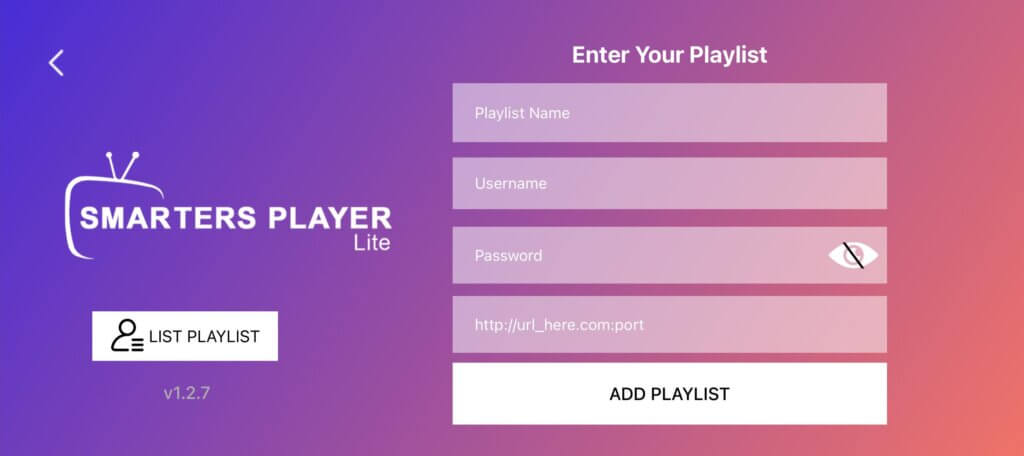 Écran de connexion d’IPTV Smarters demandant le nom d’utilisateur, le mot de passe et l’URL du serveur pour accéder au contenu IPTV.